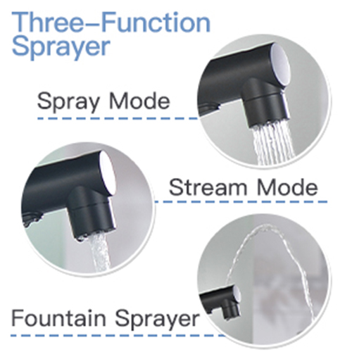 Application multi-endroits Aquacubic dans des robinets de lavabo en mode pulvérisateur noir mat