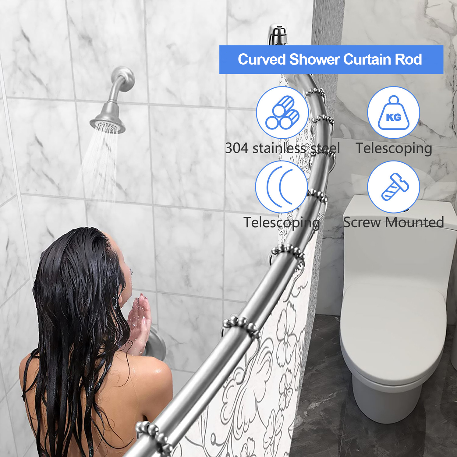 Support de tringle à rideau de douche, extensible et incurvé en acier inoxydable 304, pour salle de bain, baignoire, vente en gros (50 à 72 pouces), vente en gros