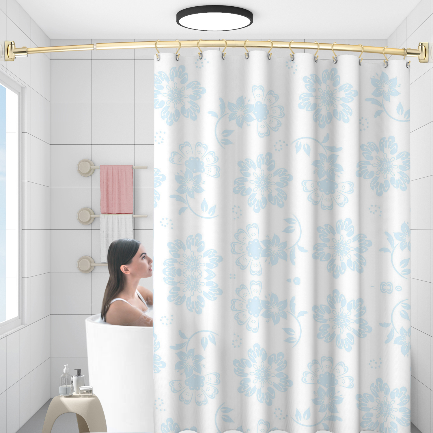 Tringle à rideau de douche fixe et incurvée réglable en acier inoxydable doré de style européen de 72 pouces