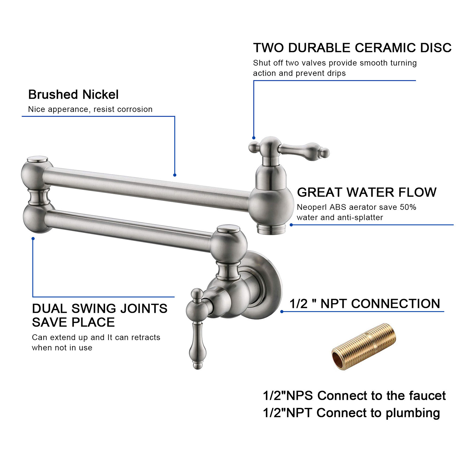 Robinet Aquacubic Robinet de remplissage de pot traditionnel en acier inoxydable nickel brossé, remplisseur de pot Delta, robinet de remplissage de pot de ferme, montage mural, remplissage de pot, construction en laiton