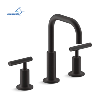 Aquacubic Robinet de lavabo de salle de bain noir à deux poignées à arc élevé 3 trous avec vidange escamotable
