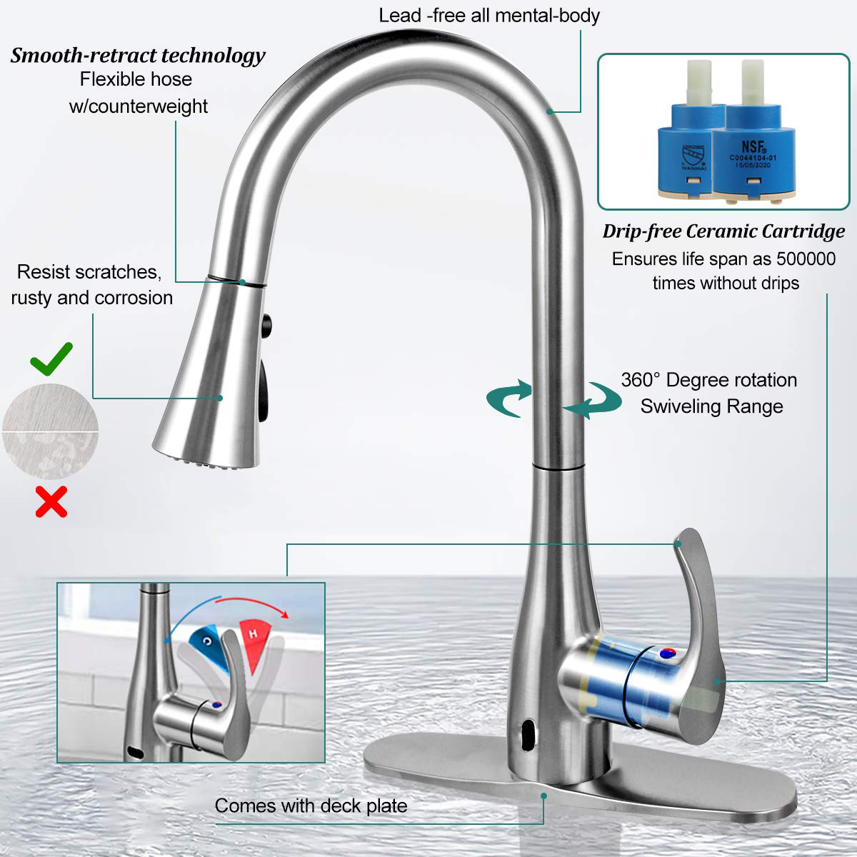 Robinet de cuisine extractible à capteur automatique moderne et sanitaire Aquacubic cUPC