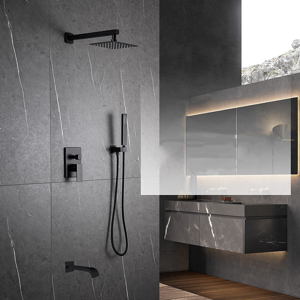 Aquacubic Ensemble de robinets de douche à effet de pluie à montage mural carré noir mat de 12 pouces avec bec de baignoire