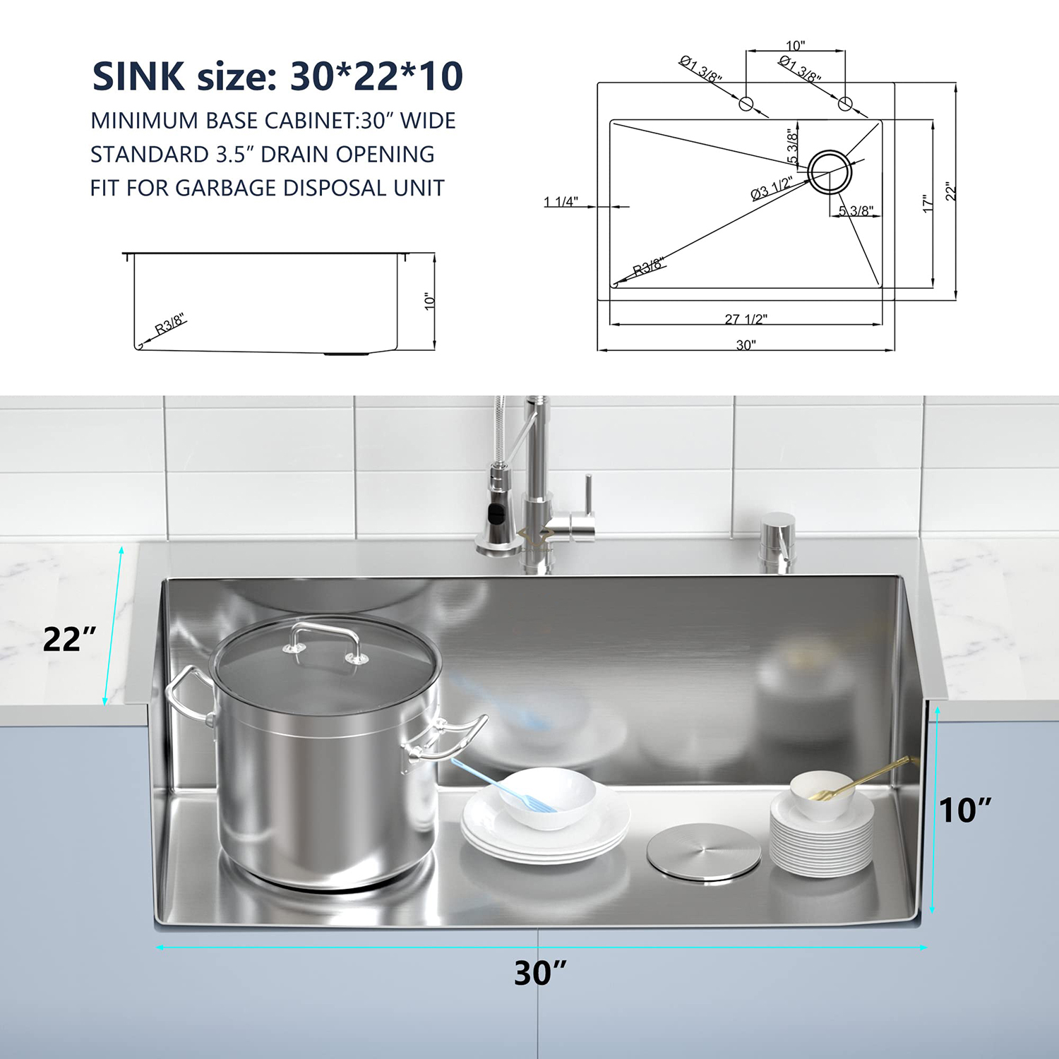 Évier de cuisine fait à la main en acier inoxydable Aquacubic 304 de 30 pouces, usine chinoise, taille personnalisée